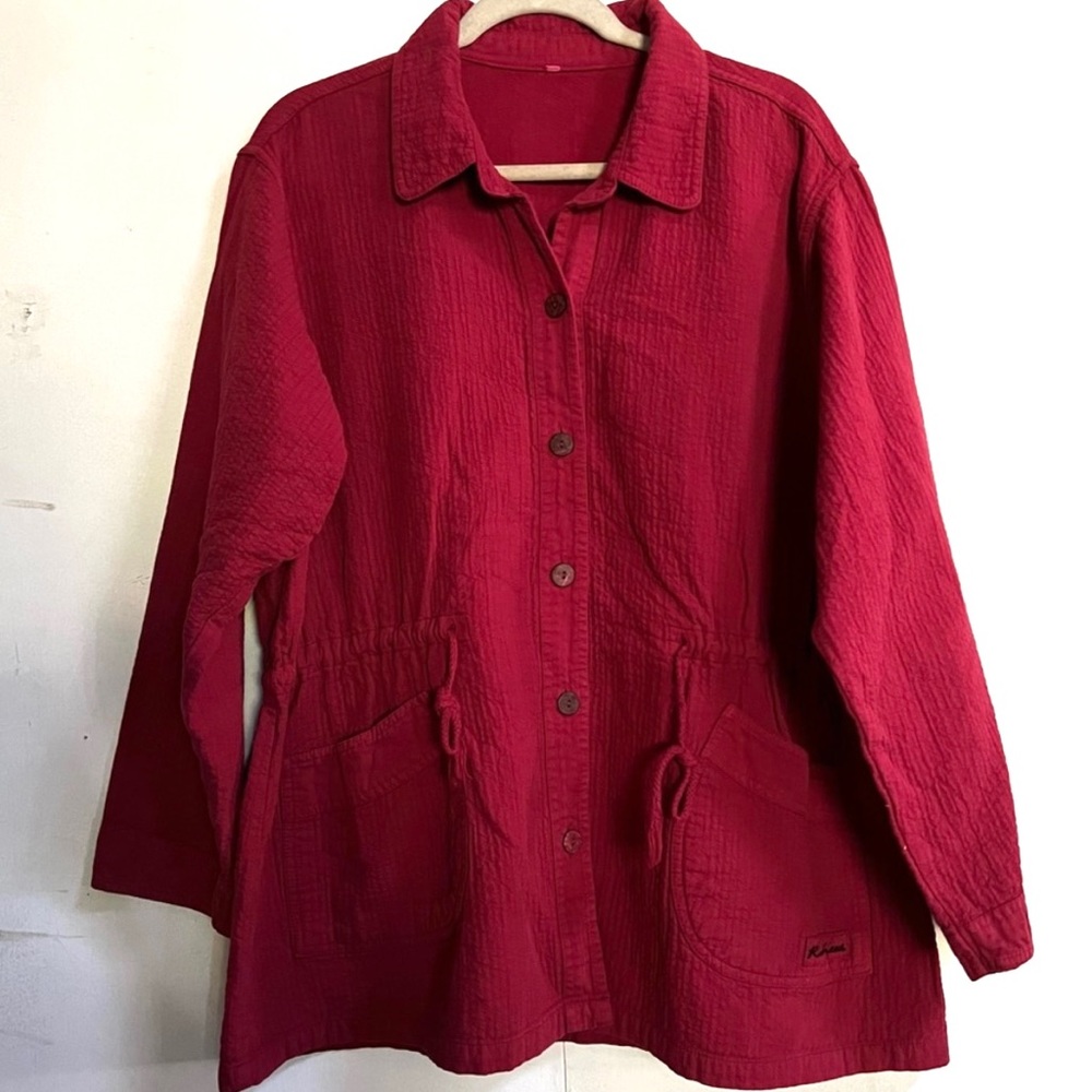 Vintage ribbed cinched waist flared hem collared jacket muted cherry red